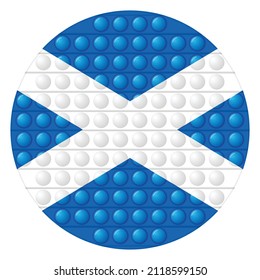 Glass light ball with flag of Scotland. Round sphere, template icon. Scottish national symbol. Glossy realistic ball, 3D vector illustration. Trendy antistress game pop it, simple dimple. Big bubble.