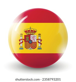 Glass light ball with flag of Spain. Round sphere, template icon. Spanish national symbol. Glossy realistic ball, 3D abstract vector illustration highlighted on a white background. Big bubble.