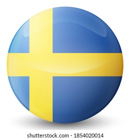 Glass light ball with flag of Sweden. Round sphere, template icon. Swedish national symbol. Glossy realistic ball, 3D abstract vector illustration highlighted on a white background. Big bubble.