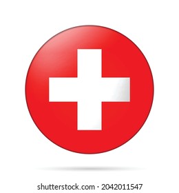 Glass light ball with flag of Switzerland. Round sphere, template icon. Swiss national symbol. Glossy realistic ball, 3D abstract vector illustration highlighted on a white background. Big bubble.