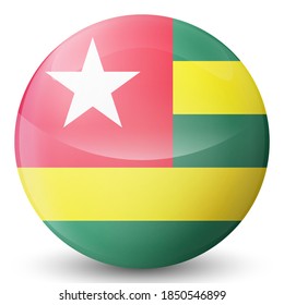 Glass light ball with flag of Togo. Round sphere, template icon.  national symbol. Glossy realistic ball, 3D abstract vector illustration highlighted on a white background. Big bubble.