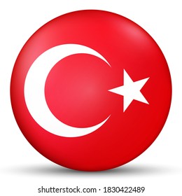 Glass light ball with flag of Turkey. Round sphere, template icon. Turkish national symbol. Glossy realistic ball, 3D abstract vector illustration highlighted on a white background. Big bubble.