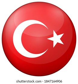Glass light ball with flag of Turkey. Round sphere, template icon. Turkish national symbol. Glossy realistic ball, 3D abstract vector illustration highlighted on a white background. Big bubble.