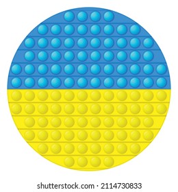 Glass light ball with flag of Ukraine. Round sphere, template icon. Ukrainian national symbol. Glossy realistic ball, 3D vector illustration. Trendy antistress game pop it, simple dimple. Big bubble.