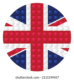 Glass light ball with flag of United Kingdom. Round  template icon. English national symbol. Glossy realistic ball, 3D vector illustration. Trendy antistress game pop it, simple dimple. Big bubble.