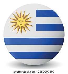 Bola de vidro com bandeira do Uruguai. Esfera redonda, ícone de modelo. Símbolo nacional das ilhas do Uruguai. Bola realista brilhante, ilustração vetorial abstrata 3D. Grande bolha.