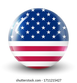 Glass light ball with flag of USA. Round sphere, template icon. American national symbol. Glossy realistic ball, 3D abstract vector illustration highlighted on a white background. Big bubble. 