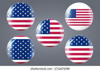 Glass light ball with flag of USA. Round sphere, isolated icon. Badge or button. American national symbol. Template design, vector illustration. Glossy realistic ball, 3D abstract vector illustration.