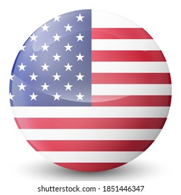 Glass light ball with flag of USA. Round sphere, template icon. American national symbol. Glossy realistic ball, 3D abstract vector illustration highlighted on a white background. Big bubble.