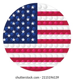 Glass light ball with flag of USA. Round sphere, template icon. American national symbol. Glossy realistic ball, 3D vector illustration. Trendy antistress game pop it, simple dimple. Big bubble.