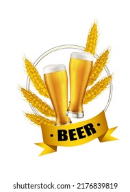 
a glass of light beer with ears of wheat on a white background