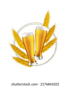 a glass of light beer with ears of wheat on a white background