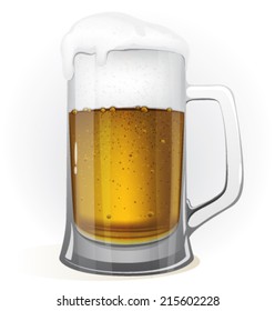 Glass of light beer with foam and bubbles on white background