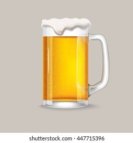 Glass of light beer with foam and bubbles on white background Realistic vector.