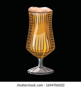 Glass of light beer with foam isolated on black background. Hand drawn alcohol drink poster. Engraving style. For pub menu, cards, banner, prints, packaging. Vector illustration