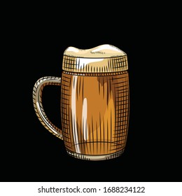 Glass of light beer isolated on black background. Full beer mug in hand drawn style. Engraving style. Design for pub menu, cards, posters, prints, packaging. Vector vintage illustration