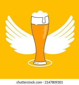 A glass of light beer with white wings on the back. Vector isolated image on orange background