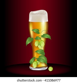 Glass of light beer wrapped hops. Realistic vector illustration