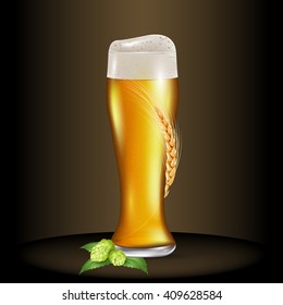 Glass of light beer wrapped wheat spikelet near with fruits of hop. Realistic vector illustration