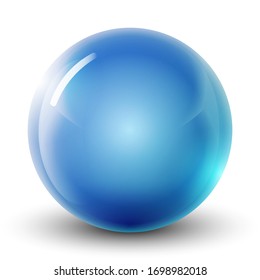 Glass light blue ball or precious pearl. Glossy realistic ball, 3D abstract vector illustration highlighted on a white background. Big metal bubble  with shadow.