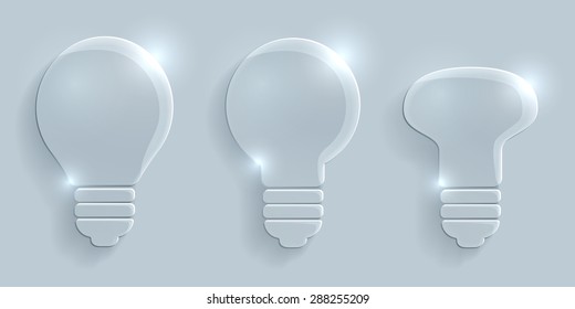Glass light bulbs set on grey background. Bulb icon set. 