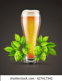 Glass of light lager Beer with white foam and hop plants buds, green leaves. Malt organic natural ingredient for production crafting beer in breweries. Isolated on dark. Vector illustration.