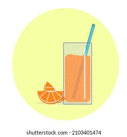 A glass of light orange juice with a straw and orange slices in a simple flat style. A glass of orange juice on a yellow circle background. A simple image of one object.