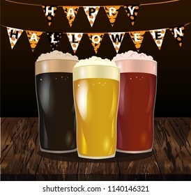 A glass with a light, red and dark beer. Invitation to the holiday Halloween. Carnival for holiday with flags of Garland. Vector on wooden background. Greeting card. 