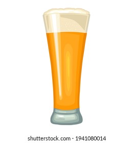 Glass with light yellow beer with foam. Vector color flat icon. Isolated on white background.
