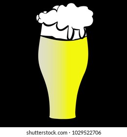 A glass of light yellow cold lager beer with a thick white foam cap on a black background. Vector illustration.