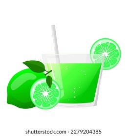 A glass of lime juice, lime and a slice of lime. Natural fresh squeezed juice. Healthy diet. The design concept of a web page,advertising,cafe,menu. Vector illustration.