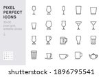 Glass line icon set. Drink glassware type - beer mug, whiskey shot, wineglass, teapot minimal vector illustration. Simple outline sign of cocktail, beverage. 30x30 Pixel Perfect, Editable Stroke.