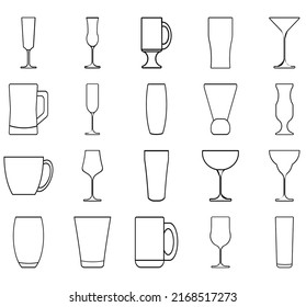 Glass line icon set. Drink glassware type - beer mug, whiskey shot, wineglass, teapot minimal vector illustration.