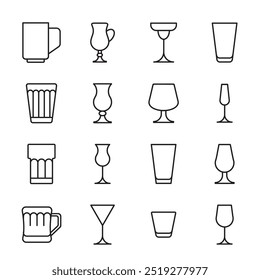 Glass line icon set. Drink glassware type - beer mug, whiskey shot, wineglass, teapot minimal vector illustration. Simple outline sign of cocktail, beverage. Editable Stroke