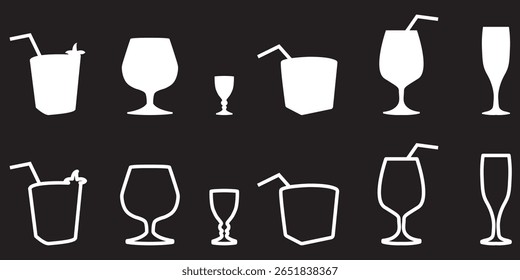 Conjunto de ícones de linha de vidro. Tipo de vidro de bebida - caneca de cerveja, tiro de uísque, copo de vinho, bule de chá ilustração vetor mínima. Sinal de esboço simples de coquetel, bebida. 