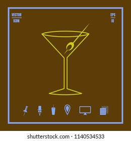 A glass line vector icon with a coctail martini and olive. Illustration on a Flat design style.EPS 10