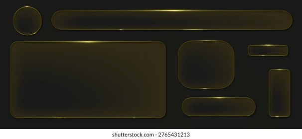 Glass liquid boxes frames golden glass interface buttons, geometric transparent plastic frames for ui ux web design.