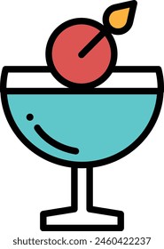 A glass of liquid with a cherry on top. The cherry is surrounded by a stem. The glass is half full