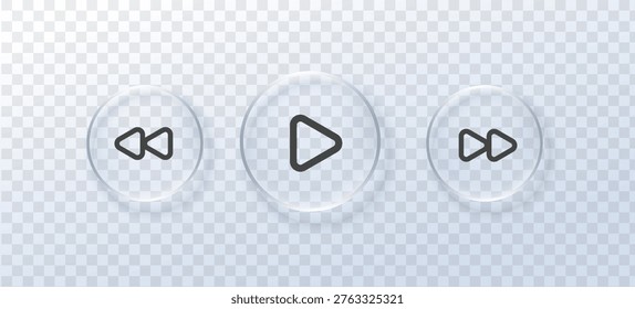 Glass liquid for music button play and black icon on transparent background. Effect frosted morph for badge crystal glass and sign card media. Glass square translucent for button highlight music.