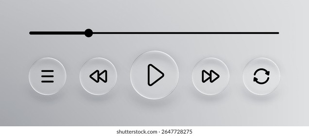 Botões de jogo líquido de vidro no jogador minimalista. Interface para aplicação Web ou móvel. Conceito de player de música ou vídeo.