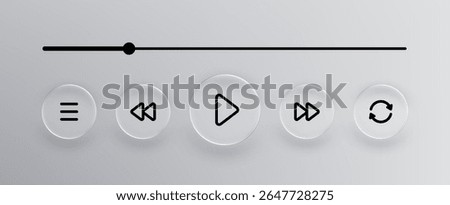 Glass liquid play buttons on minimalistic player. Interface for web or mobile application. Music or video player concept.