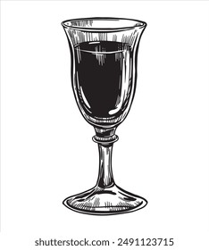 Vaso de licor blanco y negro boceto lineal. Tinta de Vector dibujada en un vaso. Bebida alcohólica Nocino