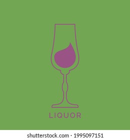 Glass liquor with a drop of drink inside. Contour line art in flat style. Restaurant alcoholic illustration for celebration design. Beverage outline icon. Isolated on color background. Vector.
