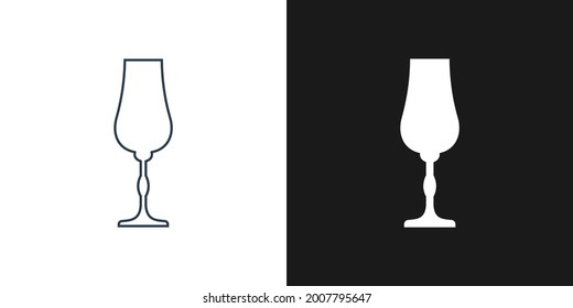 Glass liquor. Two types of images. Contour line art in flat style. Silhouette wine glasses on a black background. Restaurant alcoholic illustration for celebration design. Beverage outline icon.
