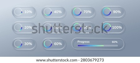 Glass load icon with button bar ui and chart progress percent. Box liquid circle with interface glass loading and pie pixel slider. Design text glass with transparent background button.