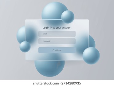 Panel de Inicio de sesión de vidrio con campos de correo electrónico y Contraseña rodeados de esferas azules sobre un fondo gris suave.
