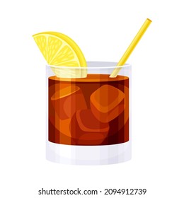 Glass of Long Island cocktail with straw. Cold alcoholic beverage vector illustration