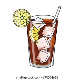 Glass of Long Island Ice Tea cocktail, ice cubes and lemon slice. Hand drawing alcohol cocktail. Vector illustration in cartoon style. Summer cold drink. Ice tea cocktail poster.