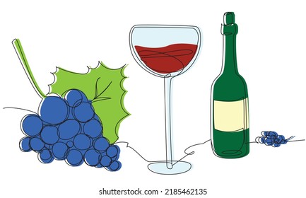 A glass with a long stem, a bottle of wine and grons of grapes in one line. Color illustration with contours of an alcoholic drink. Natural winemaking.