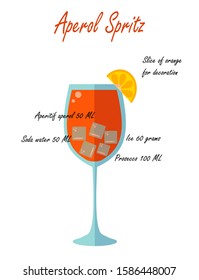 
Glass of low alcohol cocktail Aperol Spritz and its recipe on a white background. Flat vector. illustration